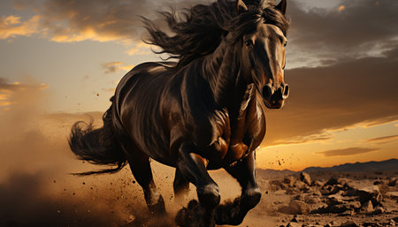 Running stallion in sunset, showcasing the beauty of nature motion generated by artificial intelligenceの素材