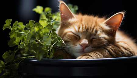 Cute kitten with green eyes, fluffy fur, and playful nature generated by artificial intelligenceの素材