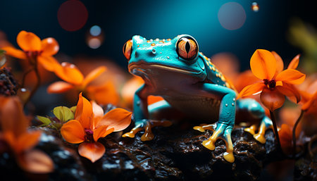 Cute green eyed toad sitting on wet leaf in tropical forest generated by artificial intelligenceの素材