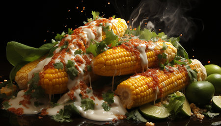 vegetable in nature with vegetarian, cooked, green, salad, wood, fruit generated by artificial intelligenceの素材