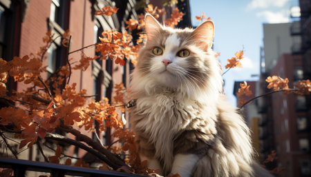 Cute kitten sitting on a tree, looking at the camera generated by artificial intelligenceの素材