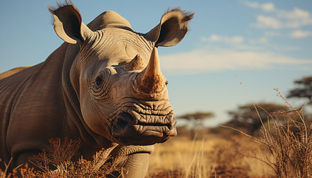Large rhinoceros grazing in the African savannah, looking at camera generated by artificial intelligenceの素材