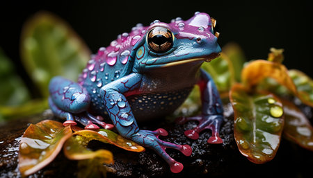 A cute, small, green toad sitting on a wet leaf generated by artificial intelligenceの素材