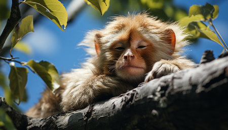 Cute monkey resting on a branch in a tropical rainforest generated by artificial intelligenceの素材