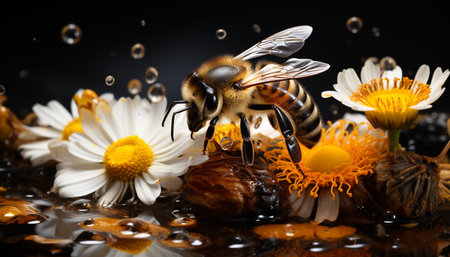 Bee pollinates flower, collecting pollen for honeycomb in formal garden generated by artificial intelligenceの素材