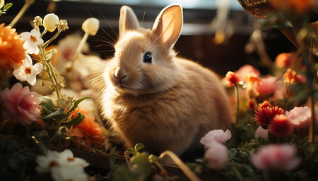 Fluffy baby rabbit sitting on green grass, enjoying springtime generated by artificial intelligenceの素材