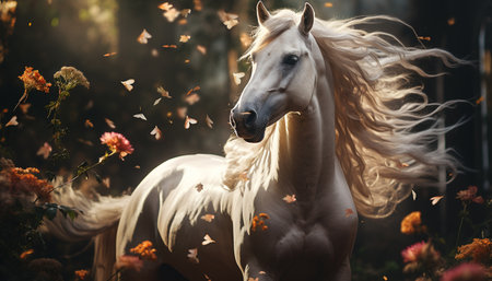 Running stallion in a meadow, showcasing the beauty of nature generated by artificial intelligenceの素材