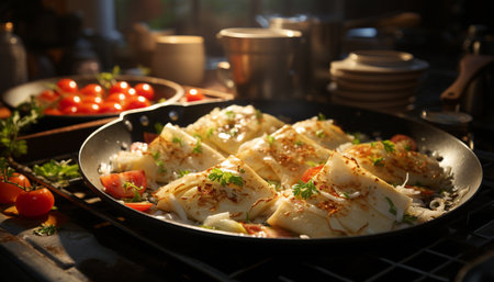 Grilled meat and vegetables, a gourmet healthy meal indoors generated by artificial intelligenceの素材