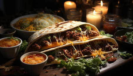 Grilled beef taco with guacamole on a flatbread, fresh and spicy generated by artificial intelligenceの素材