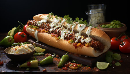 Grilled beef with tomato and freshness hot dog, gourmet, lunch, pork, onion, vegetable generated by artificial intelligenceの素材