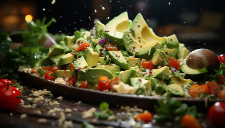 Freshness on plate gourmet salad, healthy vegetarian meal, cooked seafood generated by artificial intelligenceの素材