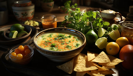 Freshness and spice in a bowl, guacamole dip on wood generated by artificial intelligenceの素材