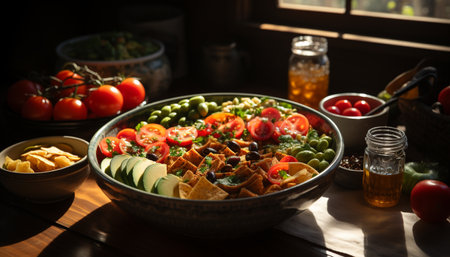 Freshness on a wooden table, gourmet salad, healthy vegetarian meal generated by artificial intelligenceの素材
