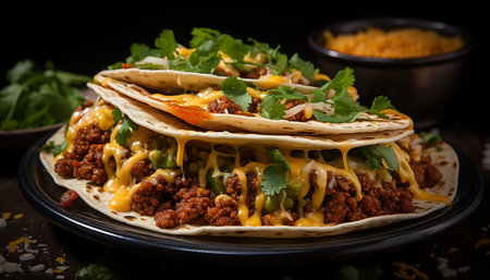A savory homemade Mexican meal grilled beef, guacamole, and fresh cilantro generated by artificial intelligenceの素材