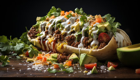 Freshness and flavor in a gourmet Mexican grilled beef taco generated by artificial intelligenceの素材