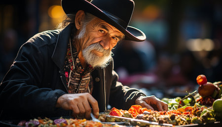 Smiling senior man holding fresh vegetables, enjoying autumn harvest generated by artificial intelligenceの素材