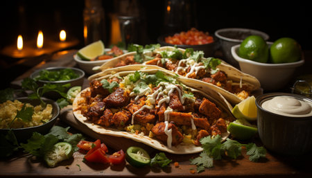 A flavorful Mexican meal with grilled meat, fresh guacamole, and salsa generated by artificial intelligenceの素材