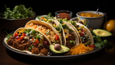 Freshness and spice in a homemade Mexican guacamole taco meal generated by artificial intelligenceの素材