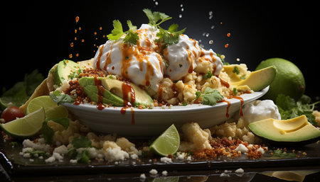 Freshness and flavor on a plate, a gourmet healthy meal generated by artificial intelligenceの素材