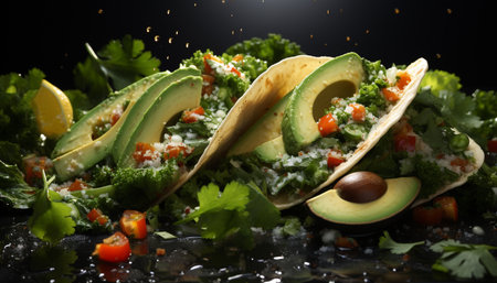 Freshness on a plate tomato with avocado, gourmet, healthy eating, cilantro, leaf, seafood, lime, grilled, parsley generated by artificial intelligenceの素材