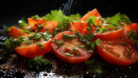 Freshness on a healthy plate, vegetarian gourmet salad with grilled mozzarella generated by artificial intelligenceの素材
