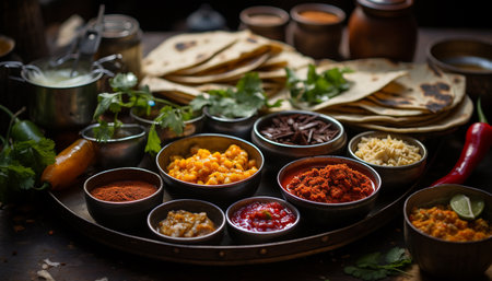 Freshness and heat meet in a gourmet taco bowl meal generated by artificial intelligenceの素材