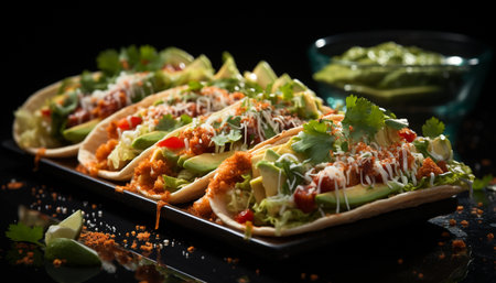 Freshness and gourmet blend in this grilled beef avocado taco generated by artificial intelligenceの素材