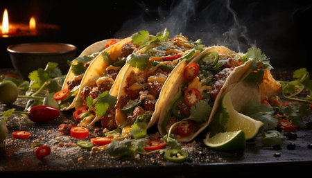 Grilled beef taco with fresh tomato, guacamole, and vegetable salad generated by artificial intelligenceの素材