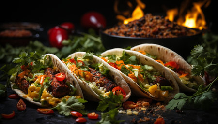 Grilled beef taco with fresh tomato, cilantro, and homemade guacamole generated by artificial intelligenceの素材