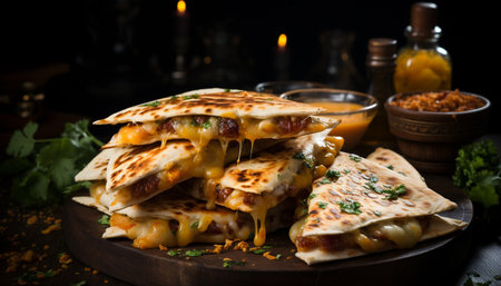 Freshness and homemade gourmet meal, grilled meat on a rustic wood plate generated by artificial intelligenceの素材