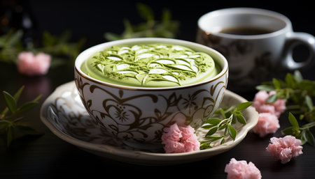 Aromatic coffee and tea, a fresh flower on a wooden table generated by artificial intelligenceの素材