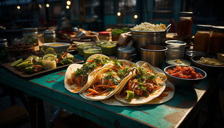 Freshness and spice in a gourmet Mexican taco meal generated by artificial intelligenceの素材
