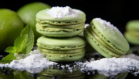 Freshness, sweetness, and indulgence in a colorful homemade macaroon stack generated by artificial intelligenceの素材