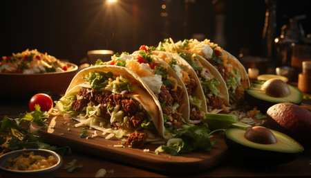 Freshness and flavor in a homemade Mexican gourmet guacamole taco generated by artificial intelligenceの素材