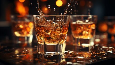 Whiskey glass reflects luxury, elegance, and the vibrant nightlife generated by artificial intelligenceの素材