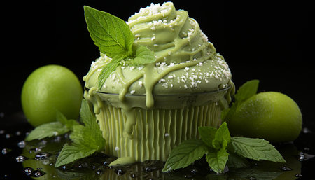 Refreshing mint leaf dessert, a sweet, gourmet indulgence with raspberries generated by artificial intelligenceの素材