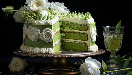 A decadent chocolate dessert with whipped cream and fresh strawberries generated by artificial intelligenceの素材