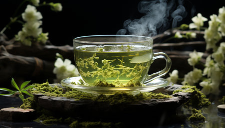 Hot drink with plant and nature, freshness, table, heat, green color, wood, relaxation generated by artificial intelligenceの素材