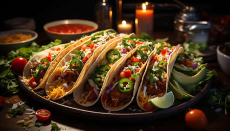 Grilled beef taco with fresh tomato, guacamole, and vegetable salad generated by artificial intelligenceの素材