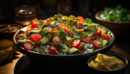 Freshness on a plate Healthy salad, gourmet vegetarian meal generated by artificial intelligenceの素材