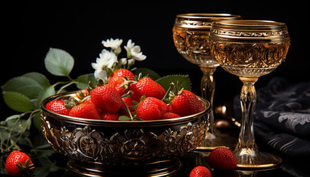 Fresh strawberry on wooden table, a nature sweet and healthy delight generated by artificial intelligenceの素材