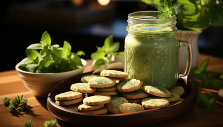 Freshness on a wooden table healthy eating, nature gourmet vegetable generated by artificial intelligenceの素材
