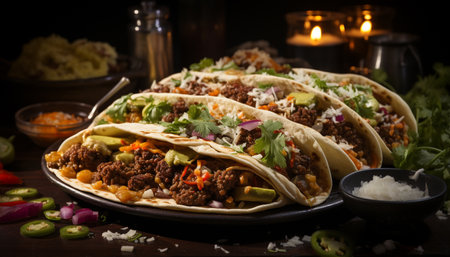 A delicious homemade taco with grilled beef, guacamole, and fresh cilantro generated by artificial intelligenceの素材