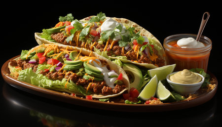 Grilled beef taco with guacamole, tomato, and fresh cilantro generated by artificial intelligenceの素材
