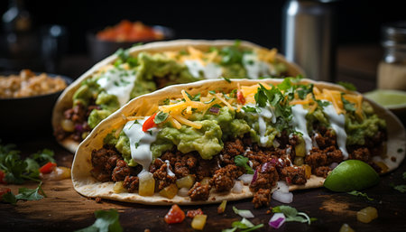 Freshness and spice meet in this homemade Mexican guacamole taco generated by artificial intelligenceの素材