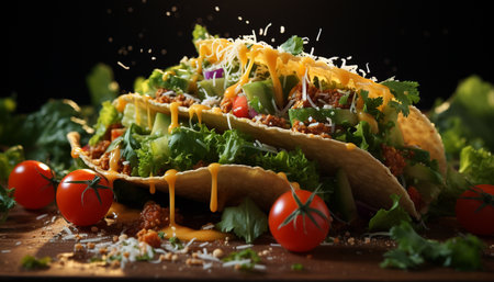 Freshness on a plate Grilled beef taco, homemade guacamole, organic ingredients generated by artificial intelligenceの素材
