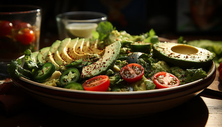 Freshness on a plate healthy salad, gourmet meal, vegetarian appetizer generated by artificial intelligenceの素材