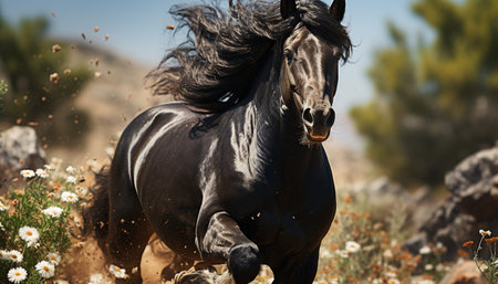 Running stallion in a meadow, showcasing the beauty of nature generated by artificial intelligenceの素材