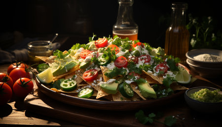 Fresh tomato salad, a healthy gourmet appetizer on wooden plate generated by artificial intelligenceの素材