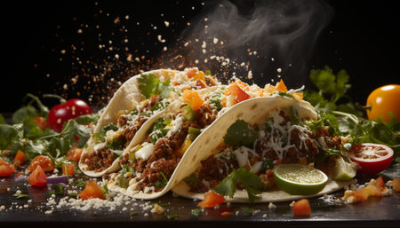 Grilled meat on flatbread, topped with guacamole and fresh vegetables generated by artificial intelligenceの素材